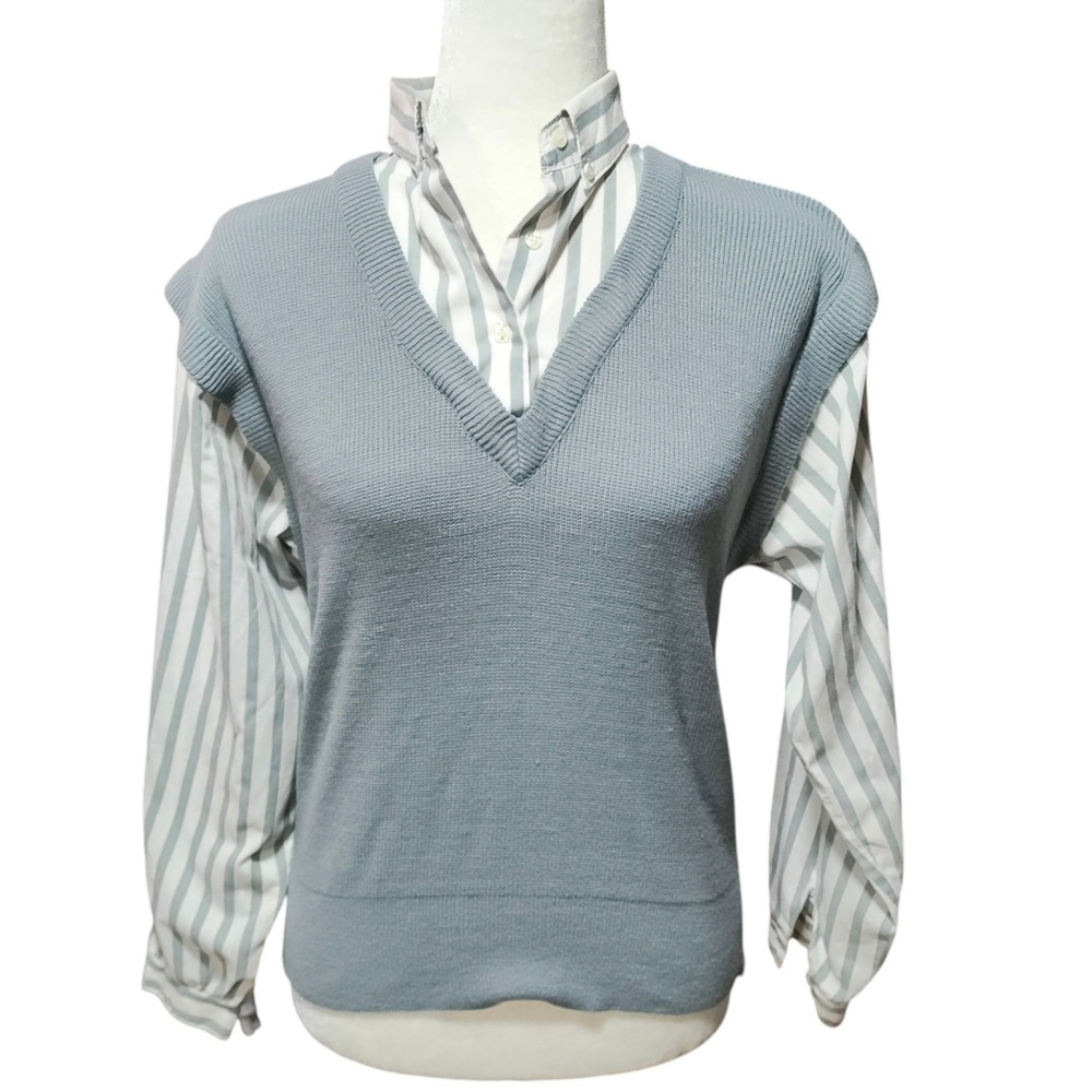 Vintage Blue Preppy Sweater Vest w/ Faux Striped Collared Shirt Office Work Med